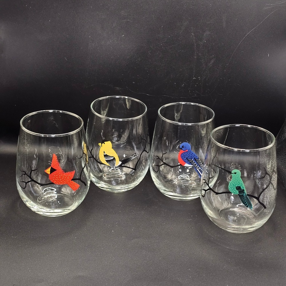 Mary Elizabeth Arts Birds Stemless Wine Glasses Tumblers Set of 4 Made USA 4.5" - Picture 1 of 9